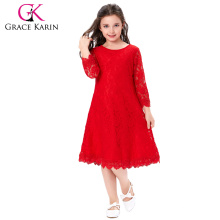 Grace Karin Niños Niños Niñas 3/4 manga cuello redondo vestido de niña de flores vestido de encaje rojo CL010442-2